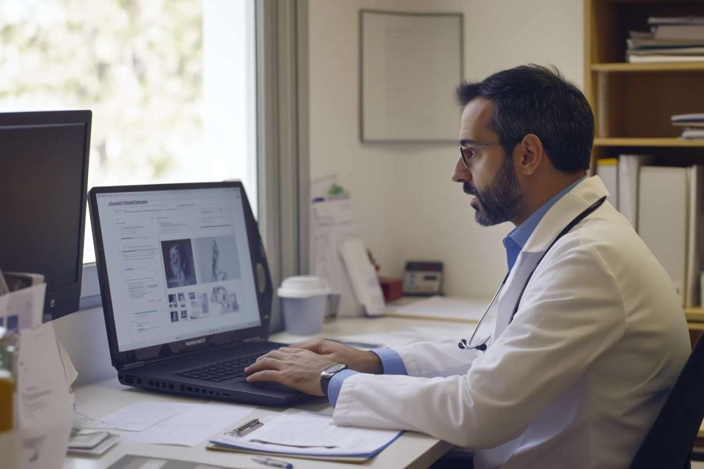 médecin réalisant une consultation de télémédecine sur son ordinateur portable